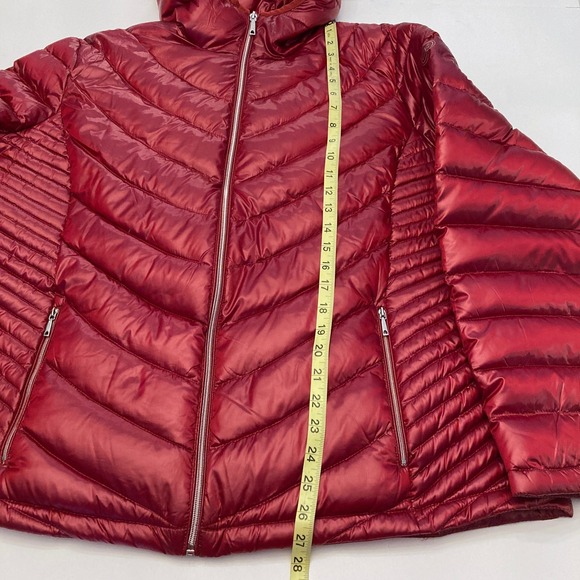 Calvin Klein Puffer Down Jacket Hooded Red Womens 1X Plus Shiny Zip Pockets - Picture 6 of 10
